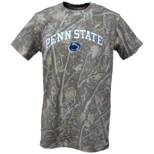 brown camo short sleeve t-shirt with Penn State arched above Athletic Logo